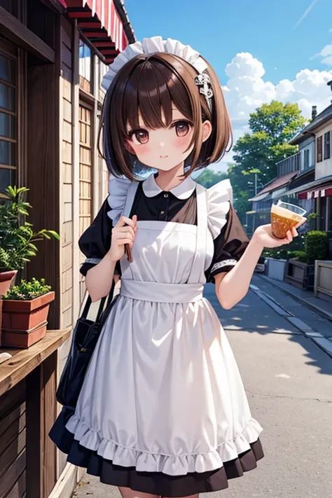  girl 、 brown hair、 bob hair、 maid clothes、 cafe terrace 、Carrying a parfait