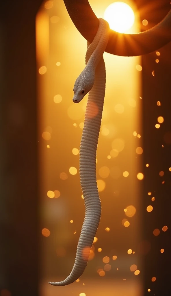 A detailed image of [white snake] [hanging down, radiating a golden aura] at [shrines altar] during [early morning], taken with a cinematic camera, using portrait with cinematic lighting --ar 9:16 --s 1000 --v 6

