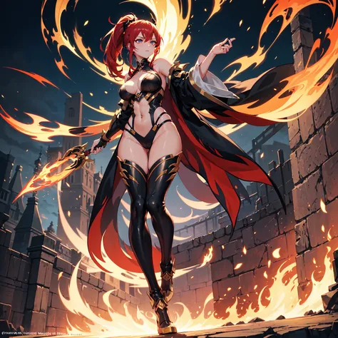 (((masterpiece, best quality, high detailed, 16k))) (1girl) A strikingly beautiful female master of flames with long, fiery red hair tied back in a high ponytail, her fierce presence commanding the battlefield. She wears an asymmetrical armor, with one arm...