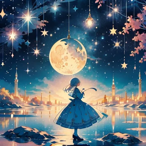     Mix pale pink colors 、 sitting on the moon swing in the background、Best wishes 、 Looking up at the moon 、、 float the  crescent moon in the sky、 Arrange the 、   top quality 、masterpiece、    Official Art、    super detailed 、32K、Full HD、CG、     High Defin...