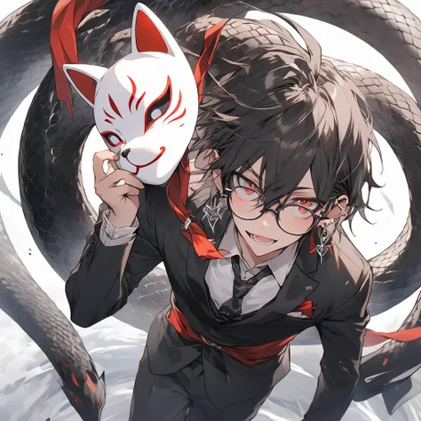 Boy wearing a fox mask、suit、A large snake that is around the head、Draw above the waist 、Glasses、Earrings