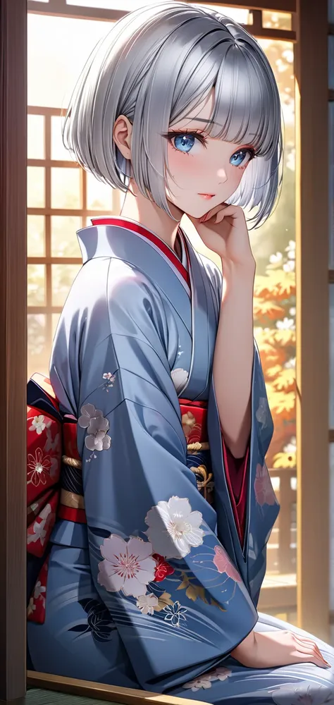 Ultra high resolution, rich colors, perfect image, best quality, detailed image, beautiful single woman, glowing skin, skin and clothing texture, delicate eyes, morning, Japanese style, kimono, furisode, sitting upright, bowing head, front, (((silver short...