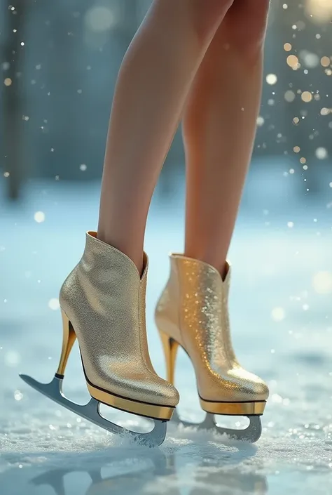 Woman’s feet in gold platform sandal ice skates 