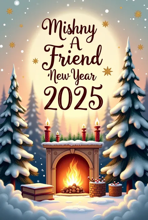 a beautiful realistic greeting card for wishing a friend a happy new year 2025 with text "happy new year 2025! wishing you happiness, health, and success, may your dreams come true :)", intricate detailed illustration, elegant calligraphy, warm glowing lig...