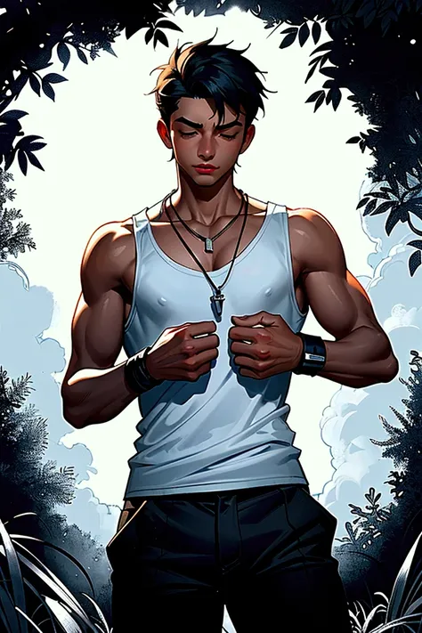 20-year-old male Atlético, Tank Top,  squeezing the necklace around his chest with his left hand, and the other hand with his fist closed , while closing his eyes ,  facing in the middle of a hill in the forest , Dawning