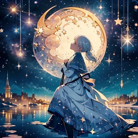     star降る夜、Mix pale pink colors 、 sitting on the moon swing in the background、Best wishes 、 Looking up at the moon 、、 float the  crescent moon in the sky、 Arrange the 、   top quality 、masterpiece、    Official Art、    super detailed 、32K、Full HD、CG、     Hi...