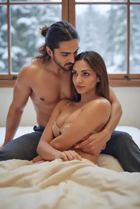 Create dynamically posed images, a couple sleeping in bed, a handsome nude man, sidharth malhotra, 40 year, long brown hair bun, strong square chin, defined chin, thin thin mustache , strong muscular physique, Unclothed dick seen. He is sucking on a Kiara ...