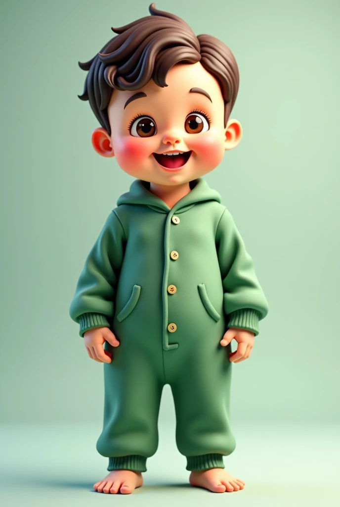  Make me an image that shows the whole body of a handsome baby smiling, The baby wears green pajamas 