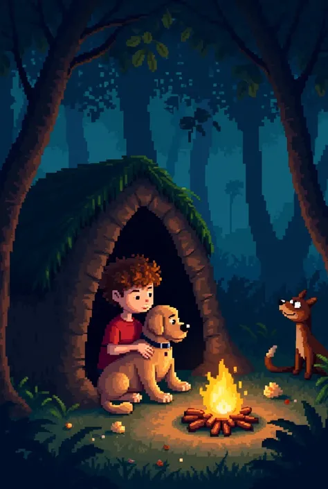 "A pixelated jungle scene at night, with a simple shelter built from pixelated branches and leaves. Inside, the cartoon boy with fluffy brown hair and a red T-shirt sits beside his golden retriever, both resting peacefully. A small glowing fire flickers ne...