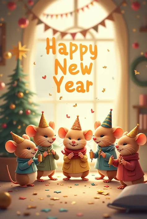 Images of little mice in New Year with the phrase :  happy new year  