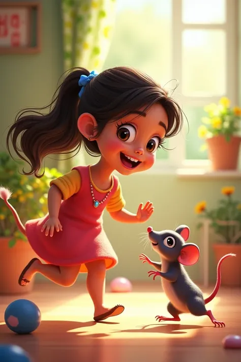 Meera playing with a healthy, happy rat named Chintu, who is now energetic and jumping around. The background shows a playful atmosphere with a warm, bright room or garden