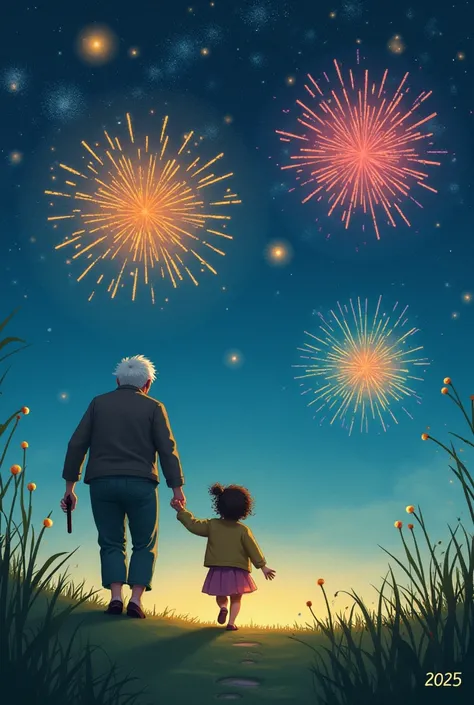 Create a whimsical scene depicting an old man representing the present year, 2024, walking hand-in-hand with a small  symbolizing the future year, 2025. The backdrop features vibrant fireworks illuminating a night sky, and they stroll through a grassy path...