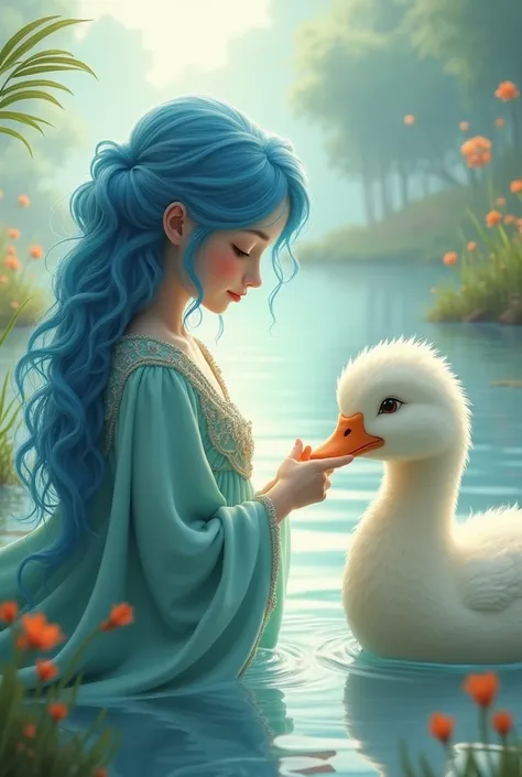 a duck, with a blue-haired woman