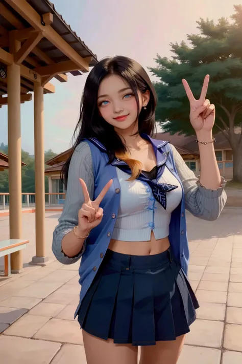 adorable teenage girl, smiling, standing posed, v sign hand, school outdoor, under roof, BREAK,(+forehead, straight hair, black hair), BREAK, light-blue 3/4 sleeves cardigan, (open cardigan, white round neck undershirt, dark-blue neckerchief), navy-blue de...