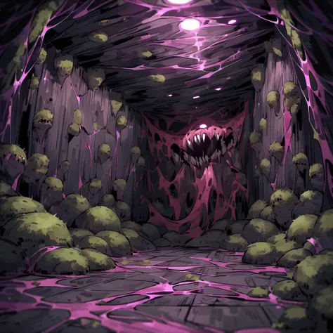 A dark and deep abyss made of flesh and moss,  woven on the floor without gaps ,  plants made of flesh ,  fangs and teeth formed in the ceiling , huge space ,  without light,  huge room totally dark ,  dark purple color ,  dark energy in the tissues ,  bro...