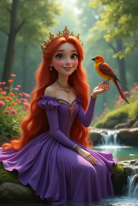 A cinematic picture of a happy young woman wearing a royal purple dress with long red hair and green eyes and sitting near a small river that flows from a small waterfall in a beautiful forest full of flowers. The young woman is surrounded by forest pets a...