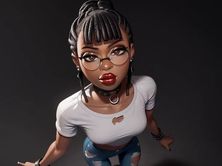 score_9, score_8_up, score_7_up, score_6_up, score_5_up, score_4_up,
BREAK
1girl, ebony girl, long black hair, dreadlocks, brown eyes, ringed eyes, thick lips, small, long eyelashes, half-closed eyes, black-framed eyewear, round eyewear, black choker, blun...