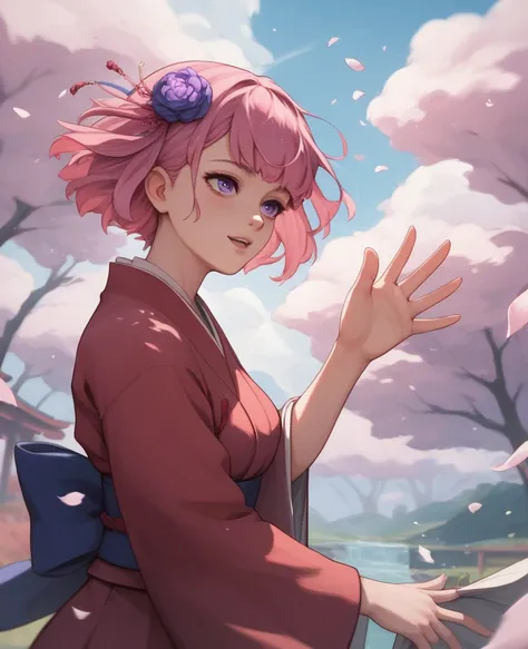 pink hair,purple eyes,cool girl,sharp eyes,short hair,female masturbation,japanese style woman,illust,ones hair waving in the wind