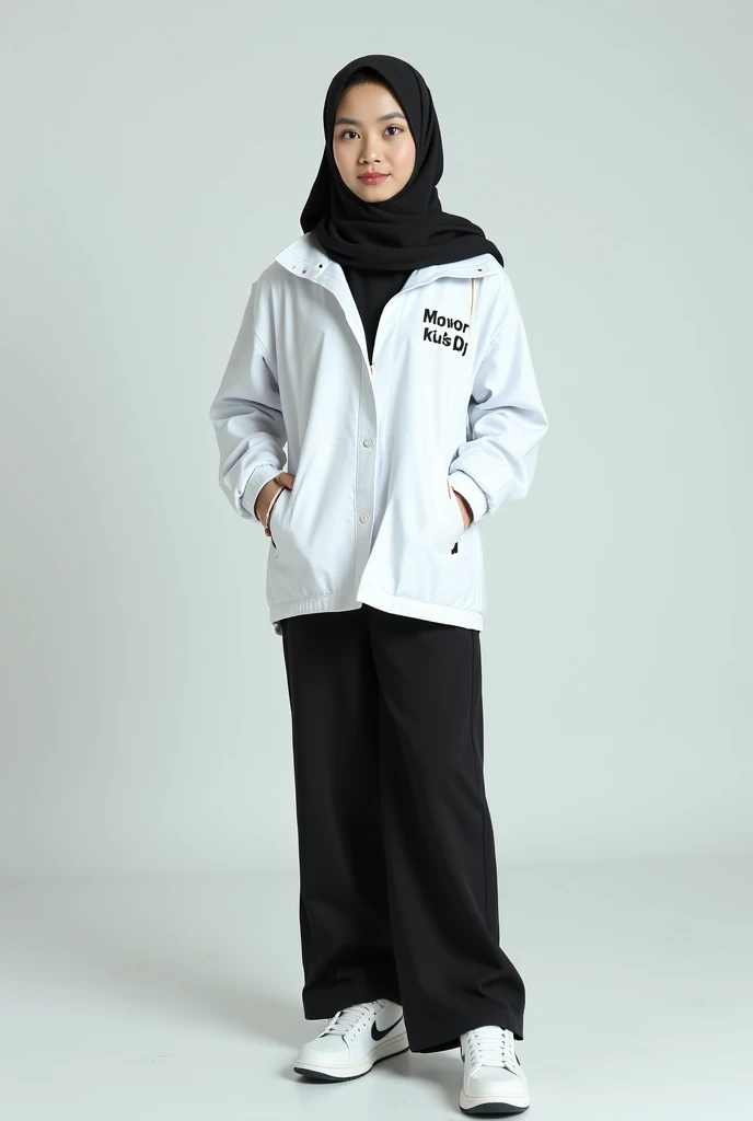  Photo of Beautiful Indonesian Girl Wearing Plain Black Hijab, Jacket Plain White Color With Name ," ilhamku05 ",  plain black trousers ,  white jordan shoes ,8k photo quality,ultara 