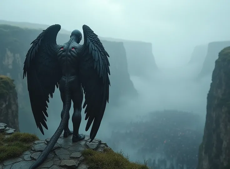 "An ultra-realistic 4K scene in a 16:9 aspect ratio depicting a majestic, humanoid figure standing on the edge of a vast, mist-covered canyon. The figure has immense, intricately detailed black wings spread wide, each feather illuminated subtly by the over...