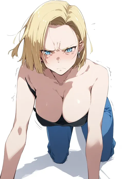 ， her breasts are so soft, dynamic, and shaking violently， simple background，Android18， on all fours ，，score_9, score_8_ up, score_7_ up，，女の子の全身クローズ up，Beautiful breasts， frustrated expression