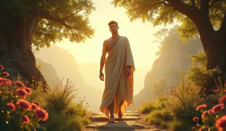 "The creation of Adam, the first man, standing in the center of a beautiful and peaceful landscape. Adam is a man with a very handsome face, perfect stature and noble appearance, dressed completely in a simple drape of natural fabric that completely covers...