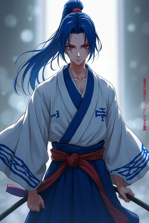  Musashi Kishimoto cobalt blue hair tied in samurai ponytail, white and cobalt blue samurai tunic , Ojos rojos