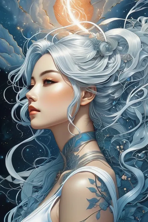 Beautiful ink drawing on a beautiful woman with long white hair , Top-down view, amazing mesh figure, neurographics, small spaces between the lines, filled with watercolors in dusty blue and peach tones, the main element of neurographics is a long curved l...