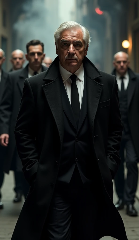 Carlo Ancelotti, a legendary football manager, as a composed and experienced mafia leader. He is clad in a classic black suit with a white shirt, a dark tie, and a long overcoat. His silver hair and calm, piercing eyes reflect his wisdom and leadership. He...