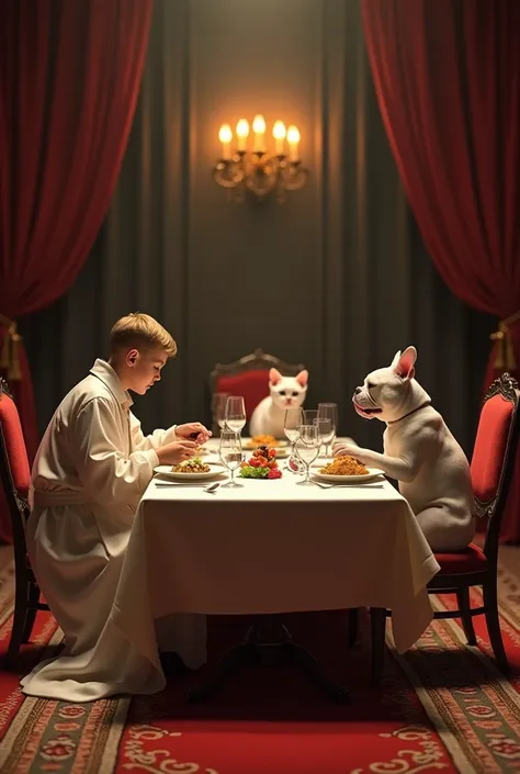  An image a stage where you see an extremely luxurious dinner at a long table where we can see a thin and young boy having dinner in a robe with his dog ,  a white French bull dog and his two cats  , macro SSD realistic photo  