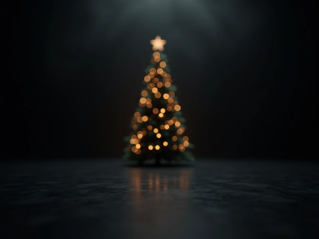 black blank background. black floor. A close-up of empty space under a decorated Christmas tree. dark blurred black background 