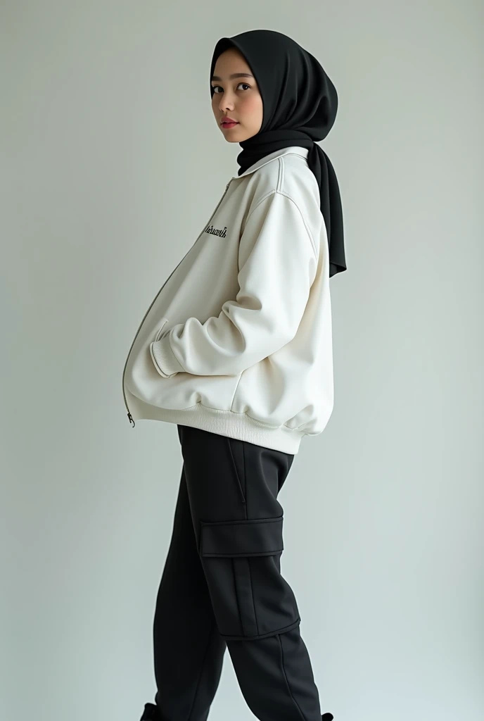  Photo of Beautiful Indonesian Girl Wearing Plain Black Hijab, Jacket Plain White Color With Name ," ilhamku05 ", Plain Black Cargo Pants,  white jordan shoes ,8k photo quality,ultara 