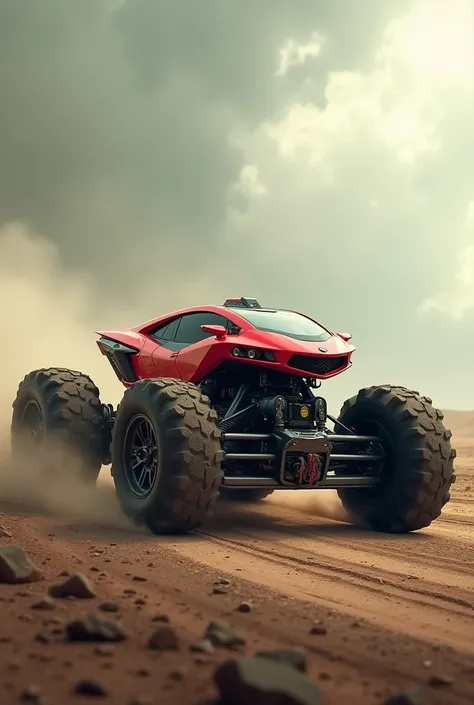 Red four-wheeled motorcycle in the apocalyptic space 