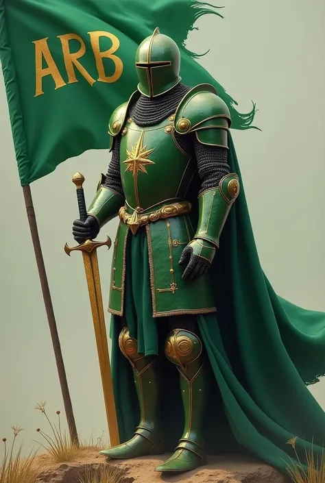 A Knight wearing a green armour with the gold long sword in his left hand and in his right hand, he have a big flag wrote on it “اشهد ان لا إله الا الله ومحمداً رسول الله" in the top of the flag and on the down side wrote “ARB”