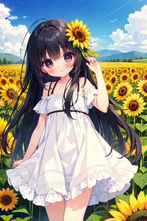  girl 、 black hair、LOG HAIR 、 white summer dress 、Sunflower field