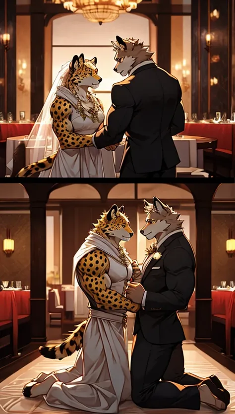 A large muscular white wolf kneeling holding a ring asking for the hand of a low cheetah in marriage at a fancy restaurant, um momento lindo e emocionante