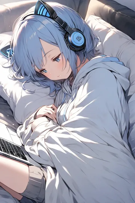 A cute girl with short hair featuring a blue gradient at the tips and stunning blue eyes is lying on a cozy sofa. She is wearing an oversized blue-and-white hoodie, paired with short pants and thigh-high socks. Her laptop rests on her lap, and she is still...