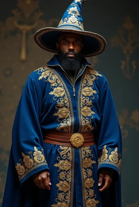 1 man, dark skin,  Wearing an elaborate wizard costume ,  highlighted by details that evoke a classic and magical style . . He wears a long tunic of deep blue fabric ,  rich in gold embroideries that form intricate arabesques and floral patterns along the ...