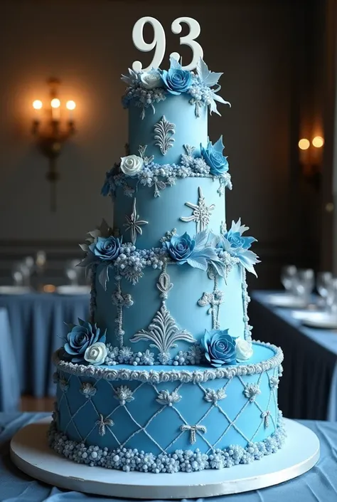 Elegant cake ., various shades of blue, . a gentlemans 93rd birthday. Put age at the top.