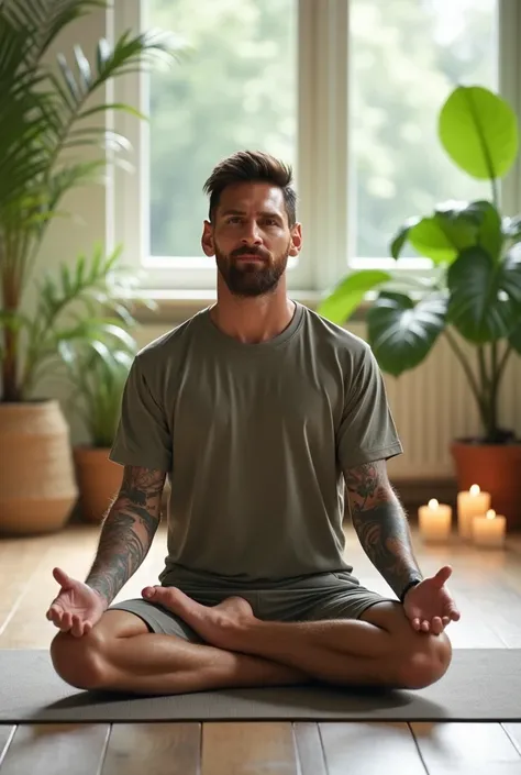 Messi in a peaceful yoga studio, doing a yoga pose like the Tree Pose. Hes calm, with a serene expression, in a bright, minimalistic room with plants and soft lighting. A yoga mat is beneath him, and there are soothing elements like candles or incense arou...