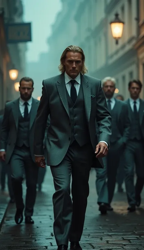 Erling Haaland, a powerhouse football player, as a commanding and intimidating mafia boss. He wears a tailored gray suit with a white shirt and a dark tie, his long blond hair slicked back. His intense gaze and towering physique dominate the scene as he wa...