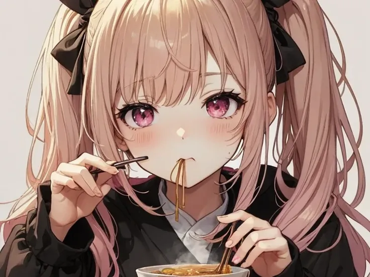 Anime style portrait of a young girl Sitting in the Kotatsu with bright blonde hair featuring pink stripes. Styled in short pigtails with two small hair clips. She eating toshikoshi soba, and her big pink eyes are soft and pale pink with large, bright, cle...