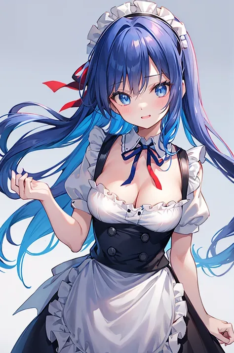  Blue Hair,  long hair,  blue eyes, hair bow,  headband ,  red ribbon  , ruffle dress,  black dress,  Puff Sleeve , Maid, Black Ribbon,  neck ribbon ,  white shirt, button ギャップ, button, Makes her breasts bigger  ,  Suspenders,  white apron,  waist apron , ...