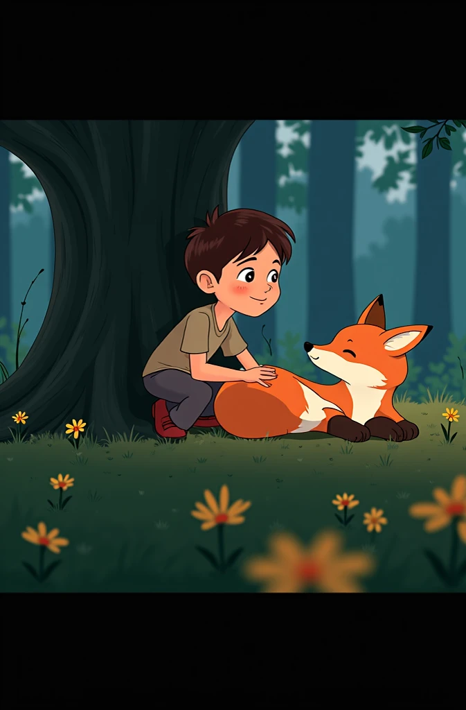  a boy talking to a sad fox siting under the tree animated for preeschool