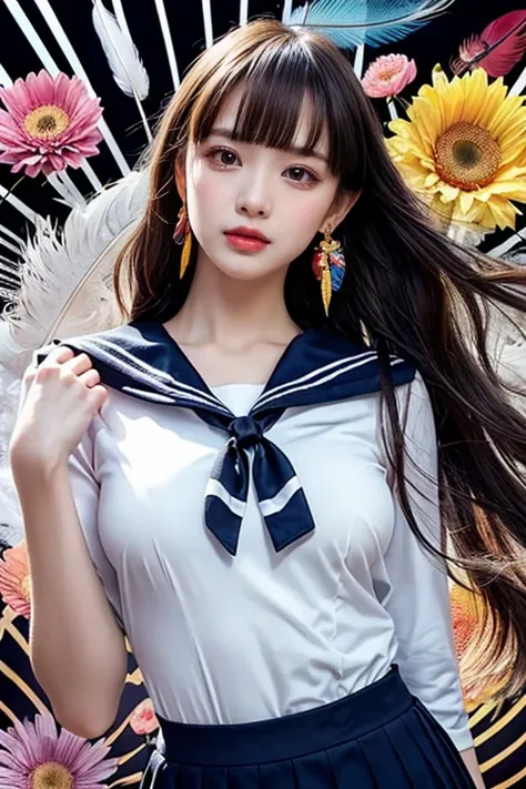  like an idol , long hair , straight hair , Round face , bust up , ((( sailor suit ))) ,  as pictured  ,   girl , Big naked breasts,  shapeless hair, colored feather, metal ornaments, colored flower, particle, light, ( cowboy shot ), (masterpiece,  Top Qua...