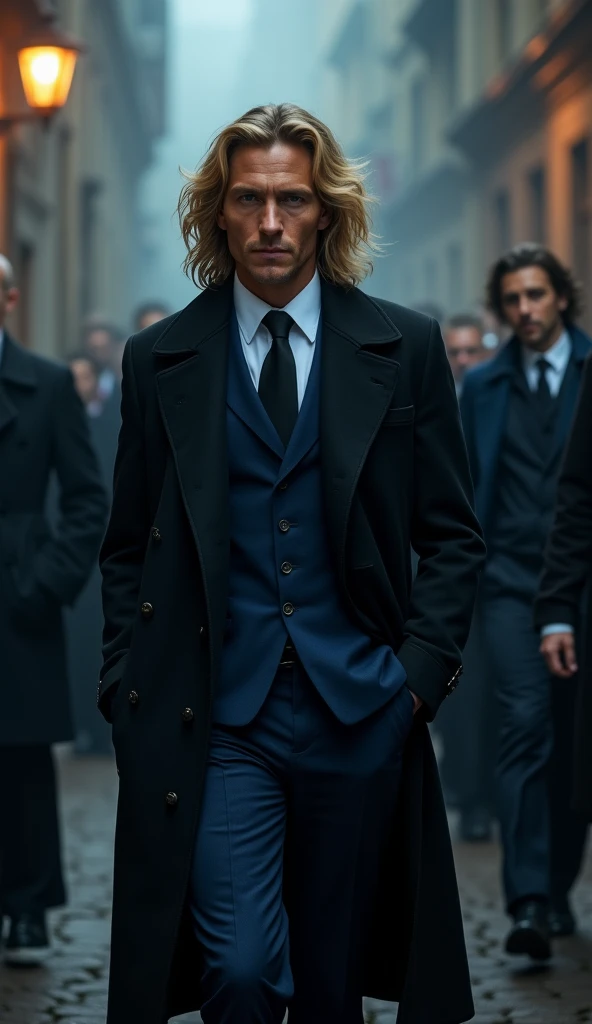 Luka Modrić, a legendary midfielder, as a wise and experienced mafia boss. He is dressed in a dark blue suit with a black tie and a classic overcoat. His distinctive long blond hair frames his face, and his calm but focused expression highlights his sharp ...