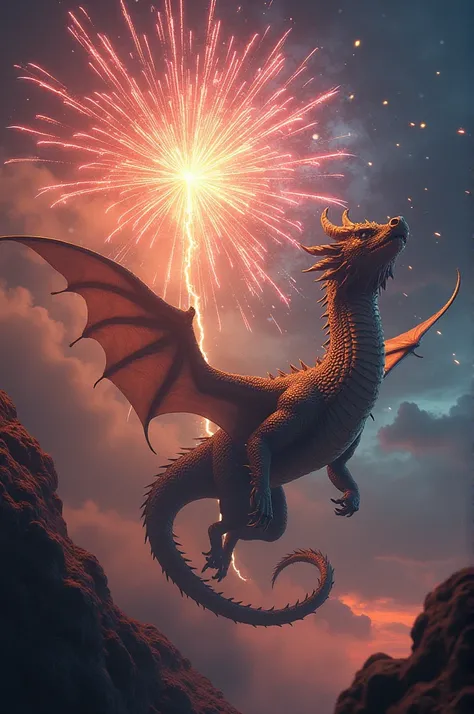 Realistic dragons with fireworks