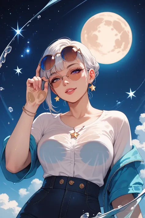 The model is wearing glass sunglasses with stars and the moon on the glass