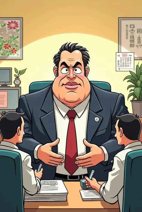 Japan cartoonish illustration　 comical 　1 boss has a few subordinates 　 2 of my subordinates are having conversations while working so they cant be found by their boss