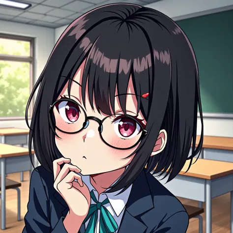 anime, anime shading, yandere, blank eyes, empty eyes, despair, 1girl, bob cut, black hair, glasses, leaning forward,  school uniform, classroom, 